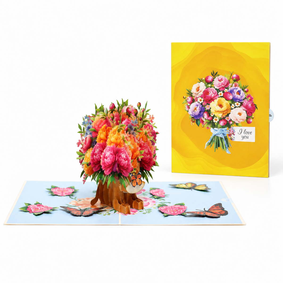 Peony Bouquet & Butterflies Pop-Up Card – 3D Greeting Card & Memorable Birthday Gift