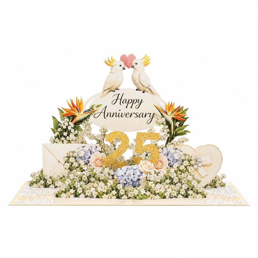 Cockatoo Garden 25th Anniversary Pop-Up Card – 3D Greeting Card & Unique Anniversary Gift