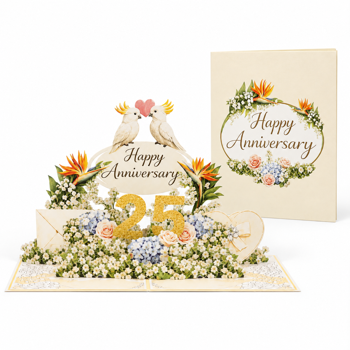 Cockatoo Garden 25th Anniversary Pop-Up Card – 3D Greeting Card & Unique Anniversary Gift
