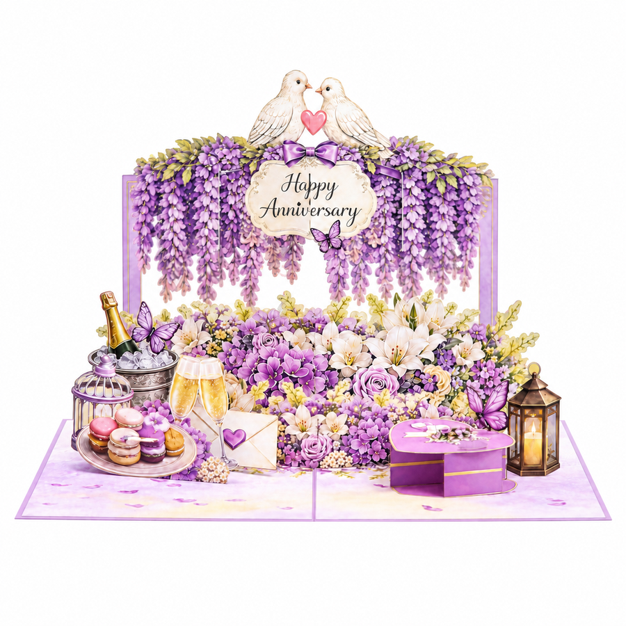 Lavender Wisteria Anniversary Pop-Up Card – 3D Greeting Card & Unique Anniversary Gift
