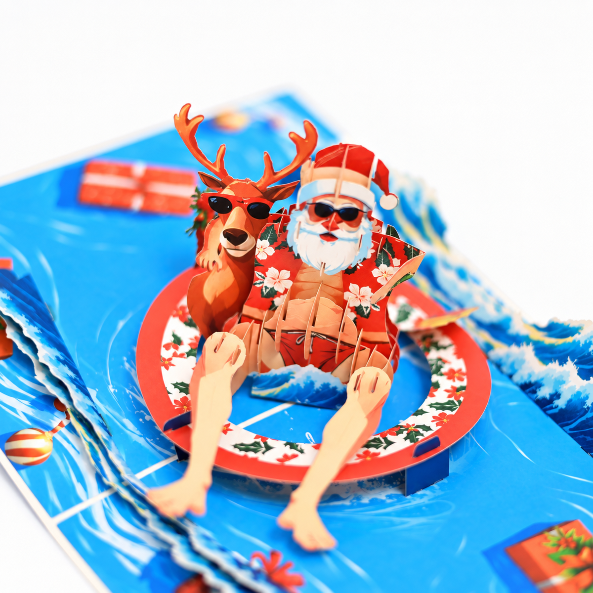 Tropical Santa & Reindeer Christmas Pop-Up Card – 3D Greeting Card & Funny Christmas Gift