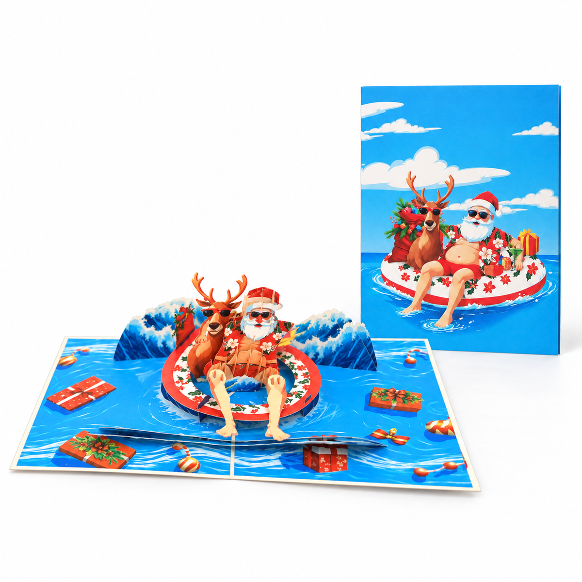 Tropical Santa & Reindeer Christmas Pop-Up Card – 3D Greeting Card & Funny Christmas Gift