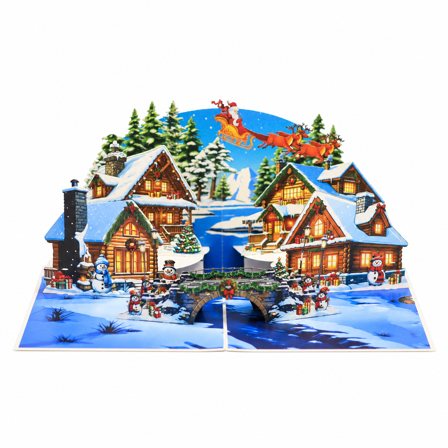 Snowy Christmas Village Pop-Up Card – 3D Greeting Card & Unique Christmas Gift