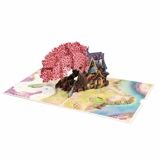 Cherry Blossom Cottage Pop-Up Card – 3D Greeting Card & Memorable Anniversary/Birthday Gift