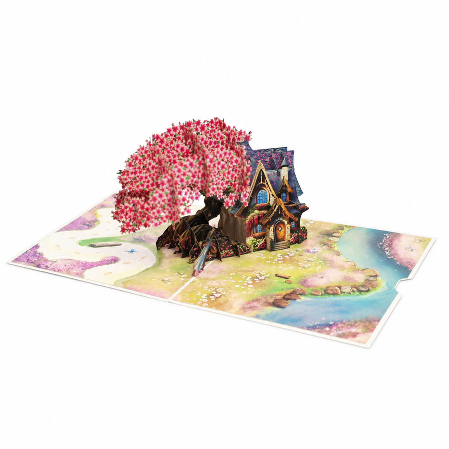 Cherry Blossom Cottage Pop-Up Card – 3D Greeting Card & Memorable Anniversary/Birthday Gift