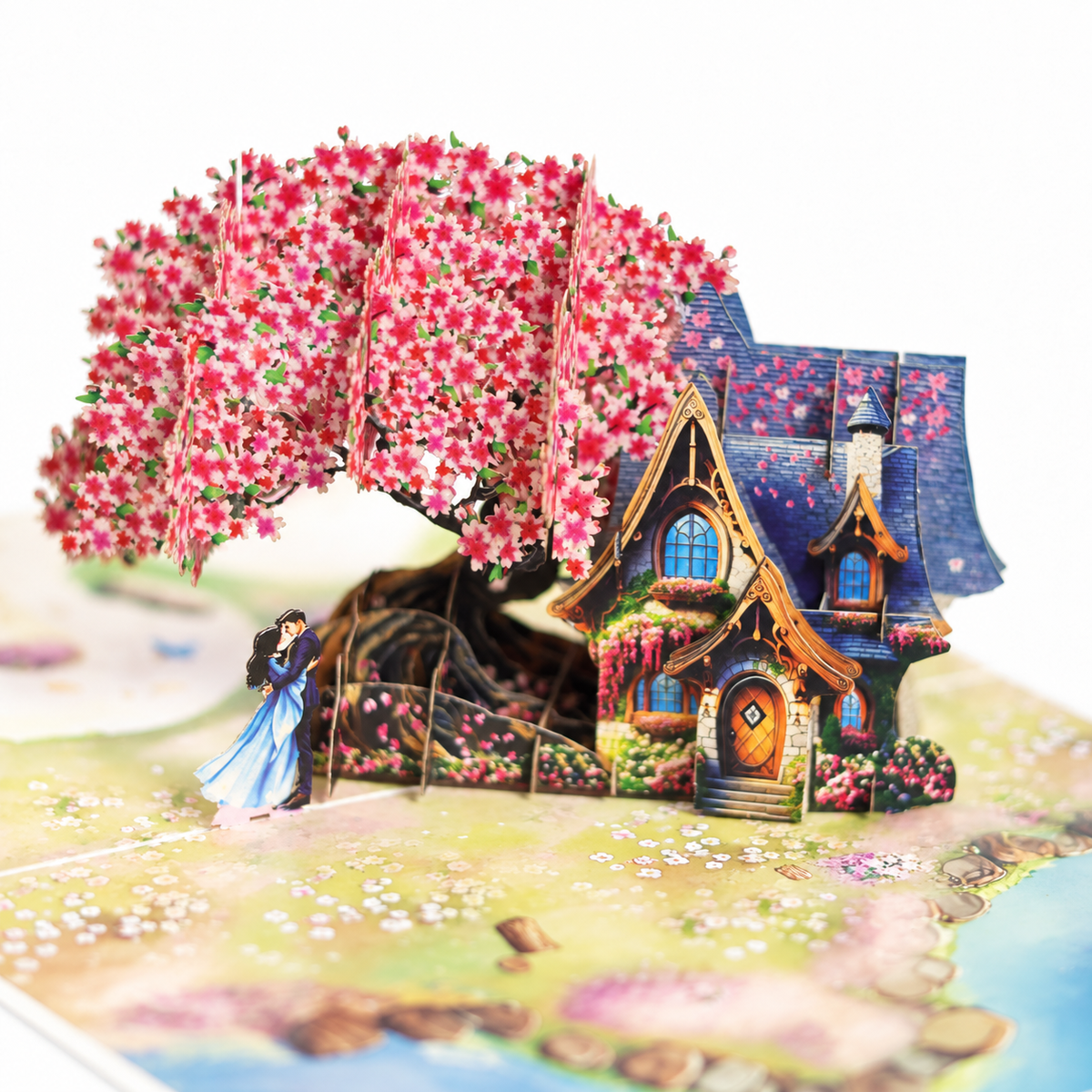 Cherry Blossom Cottage Pop-Up Card – 3D Greeting Card & Memorable Anniversary/Birthday Gift