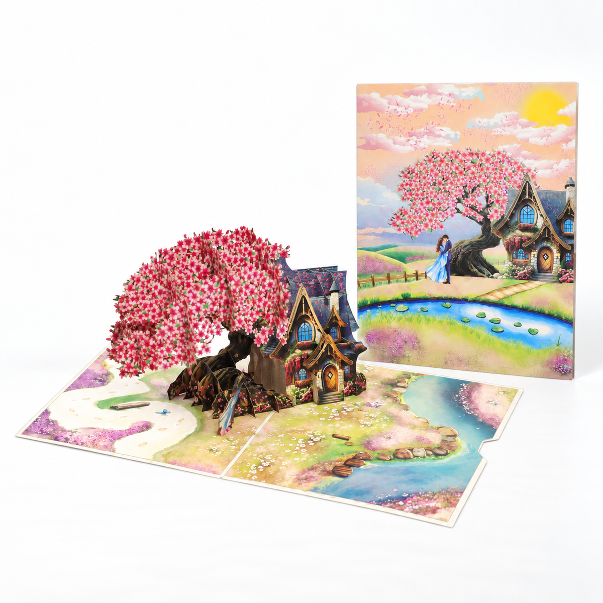 Cherry Blossom Cottage Pop-Up Card – 3D Greeting Card & Memorable Anniversary/Birthday Gift