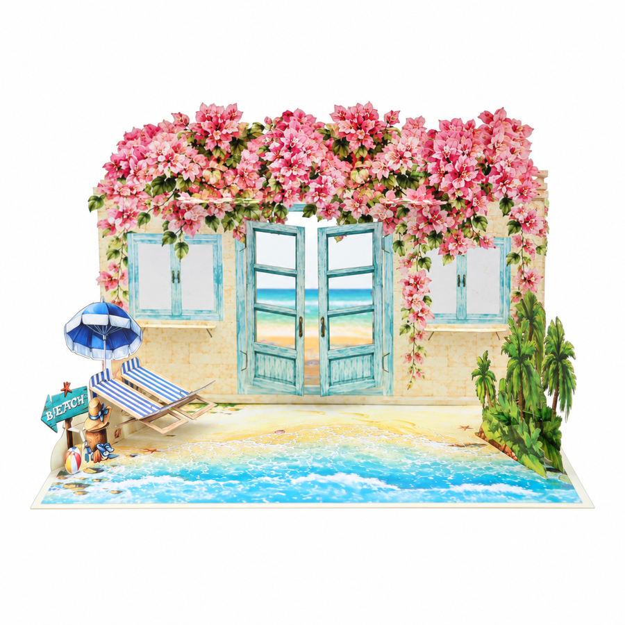 Bougainvillea Beach House Pop-Up Card – 3D Greeting Card & Memorable Anniversary/Birthday Gift
