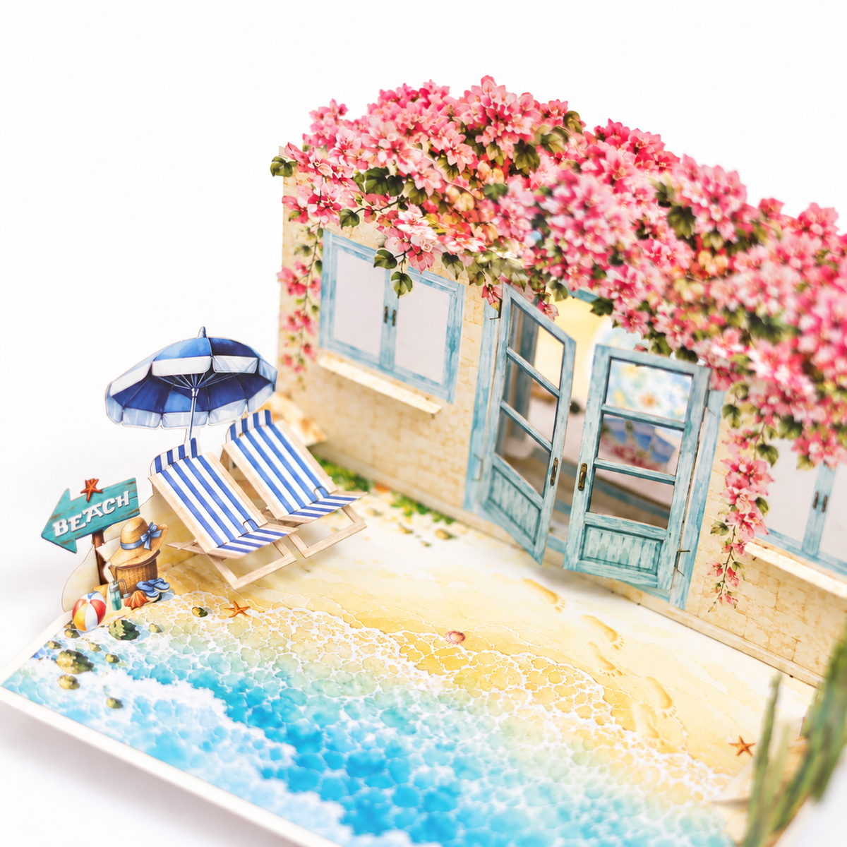 Bougainvillea Beach House Pop-Up Card – 3D Greeting Card & Memorable Anniversary/Birthday Gift