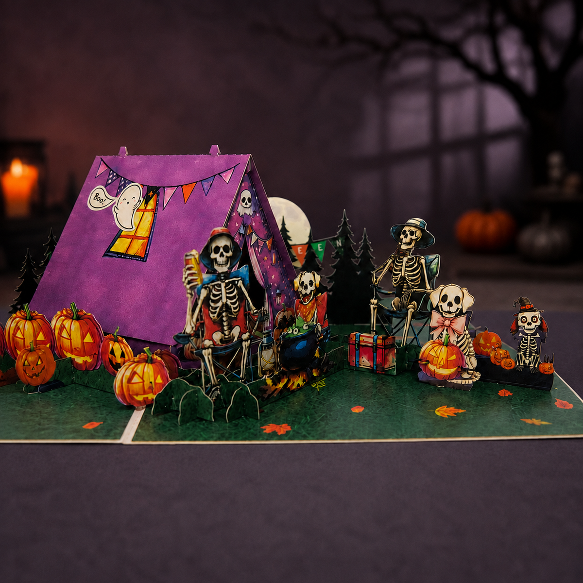 Skeleton Camping Halloween Pop-Up Card – 3D Spooky Greeting Card & Unique Halloween Gift