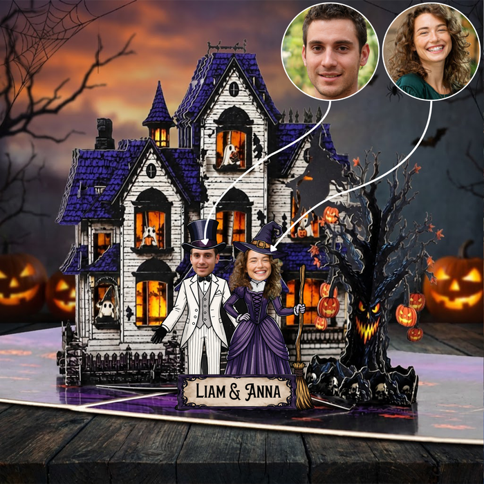 Spooky Halloween Couple - Personalized Haunted House Pop-Up Card